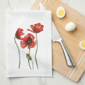 赤いケシの花柄の台所タオル キッチンタオル (四つ折り)