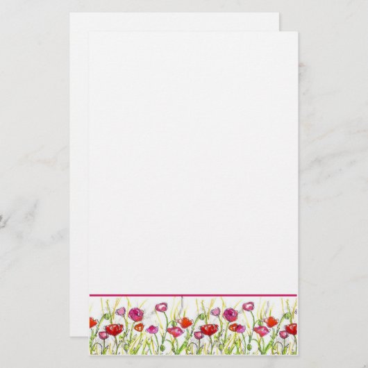 赤いケシの花水彩の花 便箋 (正面/裏面)