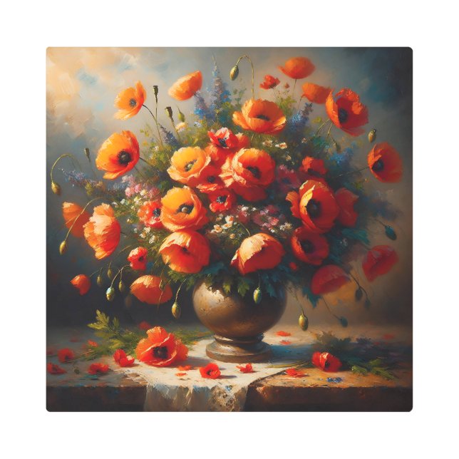 赤いケシの花瓶 メタルプリント (正面)