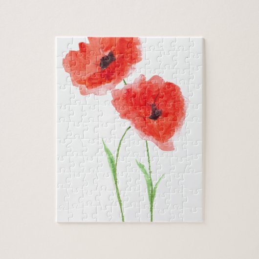 赤いケシの花自然美しい水色 ジグソーパズル (縦)