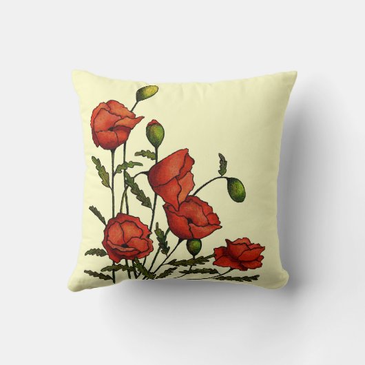 赤いケシの花:オリジナルのアートワーク クッション (裏面)