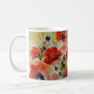 赤いケシの花、柔らかい水色。 コーヒーマグカップ