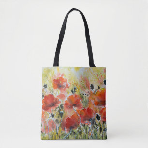 赤いケシの花、柔らかい水色。 トートバッグ