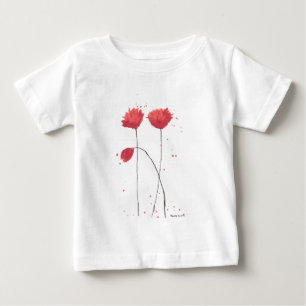 赤いケシの花 水彩画の素朴な野生の花 ベビーTシャツ
