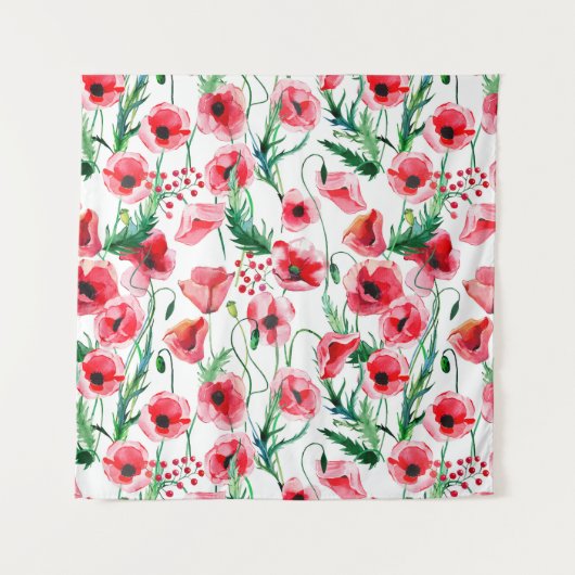 赤いケシの花：水彩画の花のイラスト タペストリー (正面)
