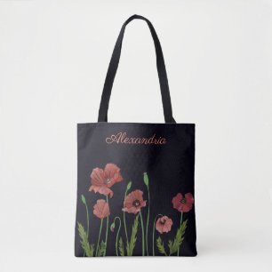 赤いケシの花(黒) トートバッグ