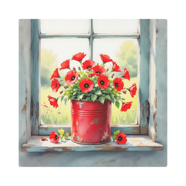 赤いケシの赤いコーヒースズ メタルプリント (正面)