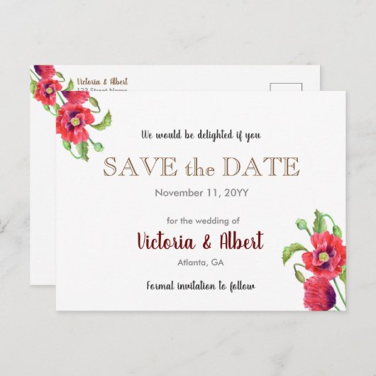 赤いケシの野生のフローラ結婚式の日付を保存 案内ポストカード (正面/裏面)