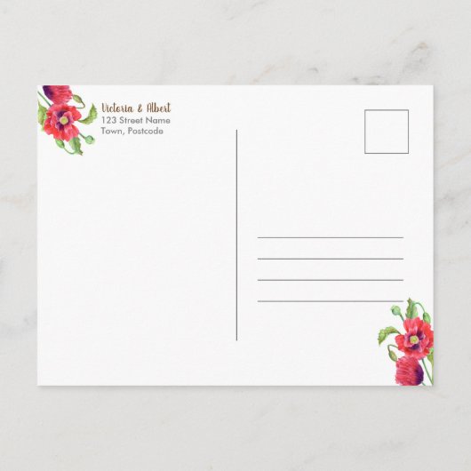 赤いケシの野生のフローラ結婚式の日付を保存 案内ポストカード (裏面)