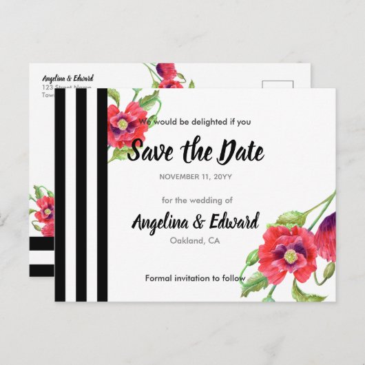 赤いケシの野生のフローラ結婚式の日付を保存 案内ポストカード (正面/裏面)