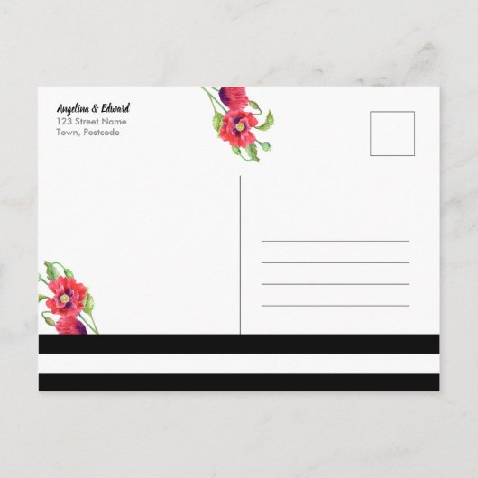 赤いケシの野生のフローラ結婚式の日付を保存 案内ポストカード (裏面)