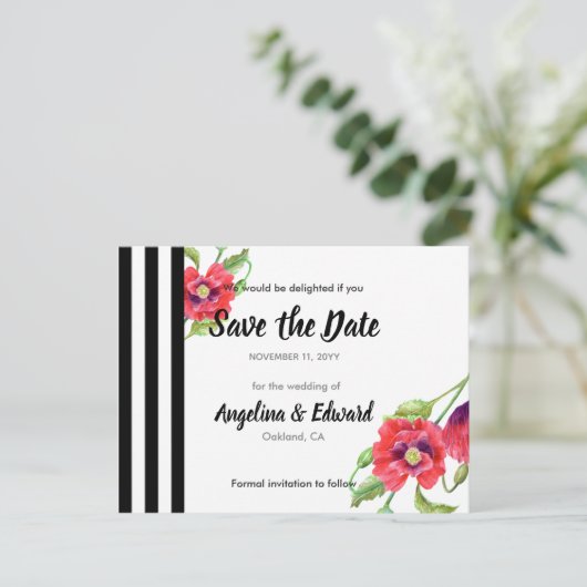 赤いケシの野生のフローラ結婚式の日付を保存 案内ポストカード (スタンド正面)