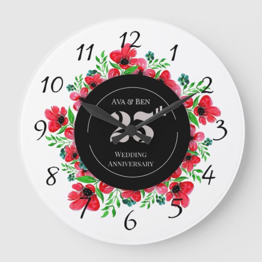 赤いケシの25周年結婚記念日 ラージ壁時計 (正面)