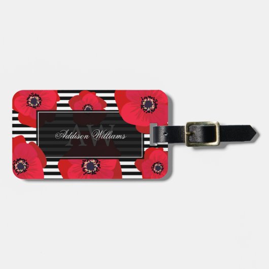 赤いケシは及び-モノグラムの縞で飾ります ラゲッジタグ (正面横)