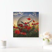 赤いケシ分野 スクエア壁時計 (ホーム)