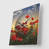 赤いケシ分野 スクエア壁時計 (傾斜)