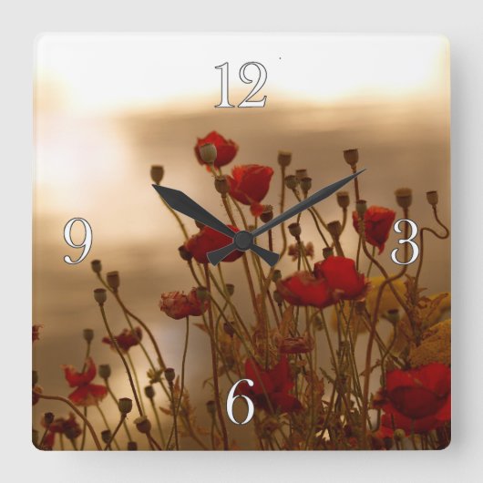 赤いケシ及び日光の花の植物相の写真の時計 スクエア壁時計 (正面)