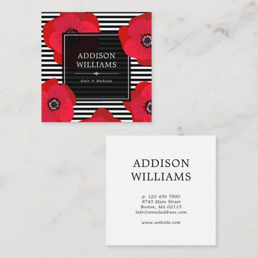 赤いケシ及び黒のストライプ スクエア名刺 (正面/裏面)