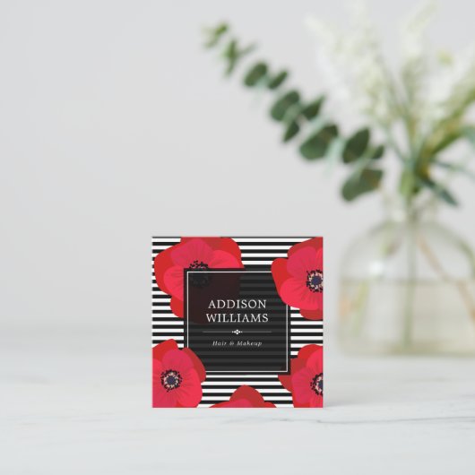赤いケシ及び黒のストライプ スクエア名刺 (スタンド正面)