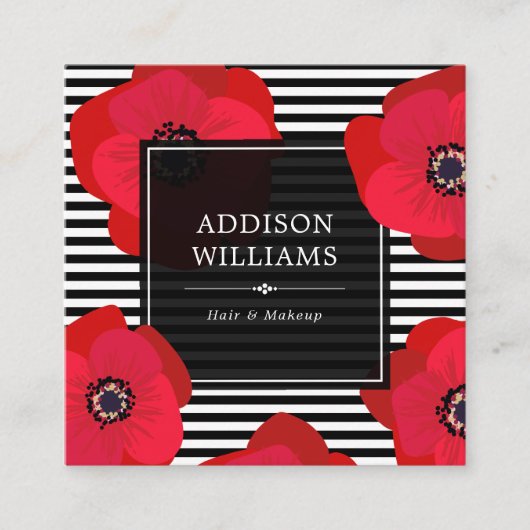 赤いケシ及び黒のストライプ スクエア名刺 (正面)