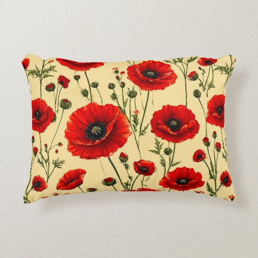 赤いケシ柄 アクセントクッション (正面)