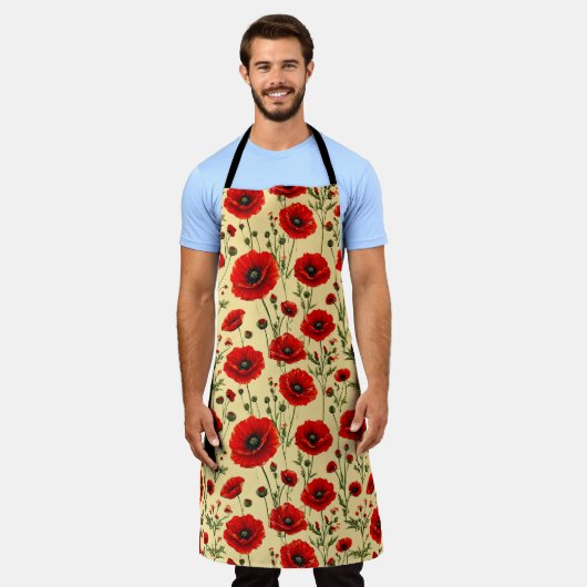 赤いケシ柄 エプロン (着用した状態)