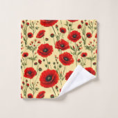 赤いケシ柄 バスタオルセット (ウォッシュタオル)