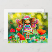 赤いケシ色の花を持つクロシェの妖精 シーズンポストカード (正面/裏面)