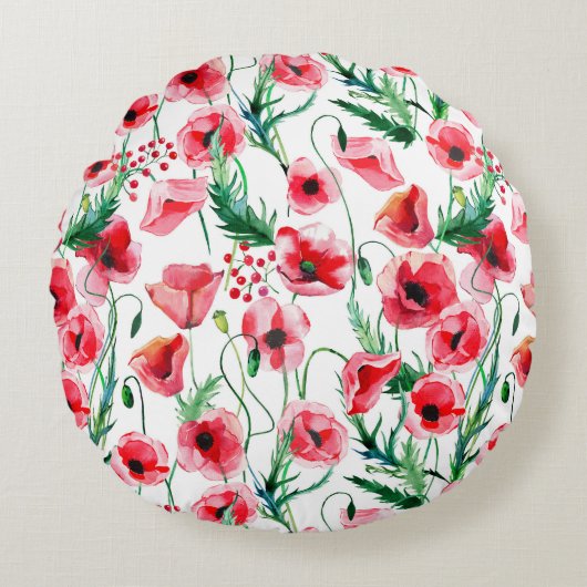 赤いケシ:水彩フローライラストレーション ラウンドクッション (正面)