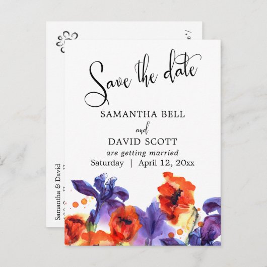 赤いケシ、紫のアイリス水の色日付を保存 案内ポストカード (正面/裏面)