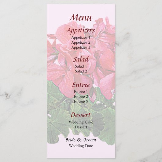 赤いゲラニウムと芽結婚のメニュー メニュー (正面)