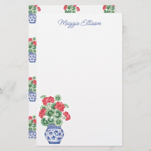 赤いゲラニウムの水色の陳腐な花瓶 便箋 (正面/裏面)