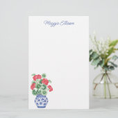 赤いゲラニウムの水色の陳腐な花瓶 便箋 (スタンド正面)