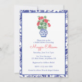 赤いゲラニウムの水色の陳腐な花瓶 招待状 (正面)