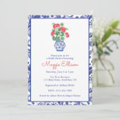 赤いゲラニウムの水色の陳腐な花瓶 招待状 (スタンド正面)