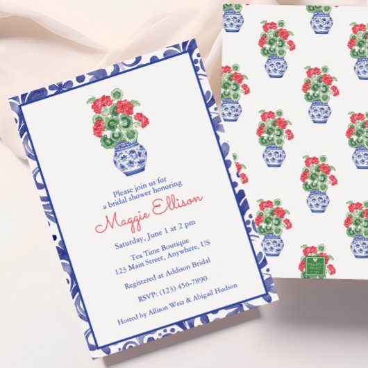 赤いゲラニウムの水色の陳腐な花瓶 招待状