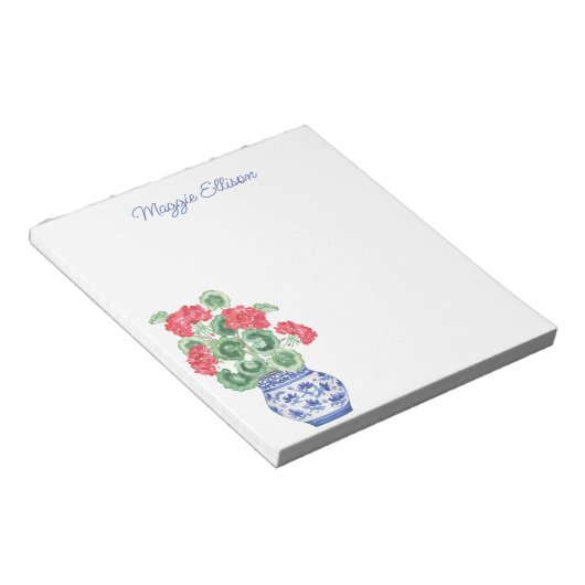 赤いゲラニウムの陳腐な花瓶パーソナライズされた ノートパッド (アングル)