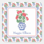 赤いゲラニウムの陶器の花瓶 スクエアシール (正面)