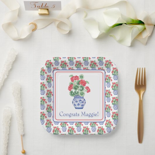 赤いゲラニウムの陶器の花瓶 ペーパープレート (ウェディング)