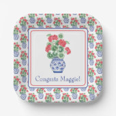 赤いゲラニウムの陶器の花瓶 ペーパープレート (正面)