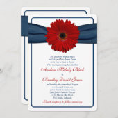 赤いゲルバー・デイジー ネイビーリボン 結婚式招待状 招待状 (正面/裏面)