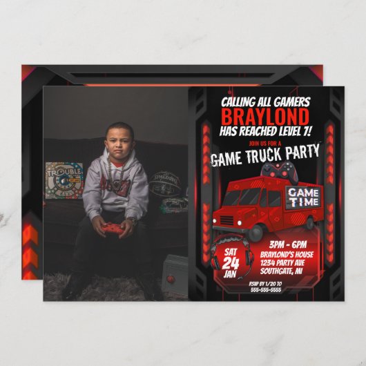 赤いゲームトラックの誕生日パーティーの写真招待状 招待状 (正面/裏面)