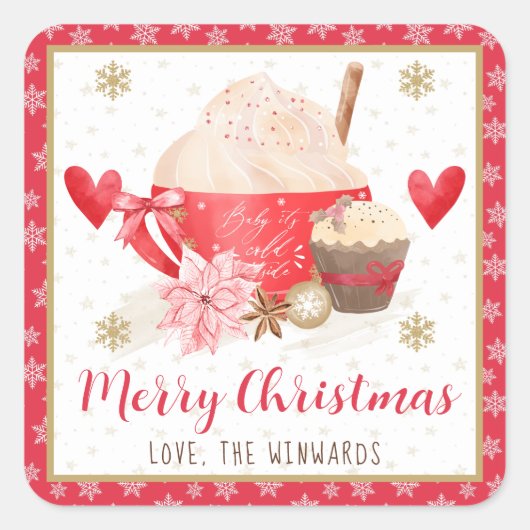 赤いココア＆カップケーキ メリークリスマス スクエアシール (正面)