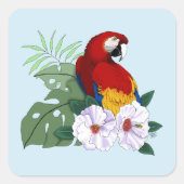 赤いコンゴウインコ 熱帯の白いハイビスカスの花柄 スクエアシール (正面)