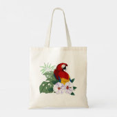 赤いコンゴウインコ 熱帯の白いハイビスカスの花柄 トートバッグ (裏面)