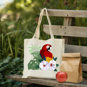 赤いコンゴウインコ 熱帯の白いハイビスカスの花柄 トートバッグ
