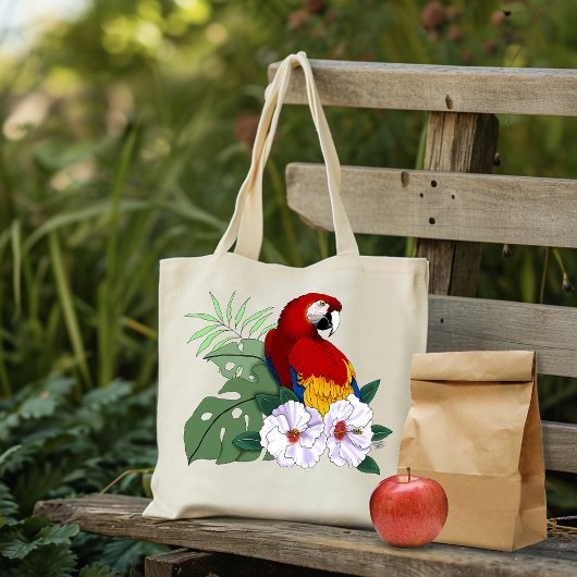 赤いコンゴウインコ 熱帯の白いハイビスカスの花柄 トートバッグ
