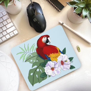赤いコンゴウインコ 熱帯の白いハイビスカスの花柄 マウスパッド