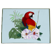 赤いコンゴウインコ 熱帯の白いハイビスカスの花柄  ラージペーパーバッグ (正面)