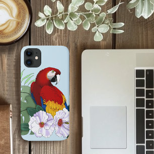 赤いコンゴウインコ 熱帯の白いハイビスカスの花柄 iPhone 11 ケース